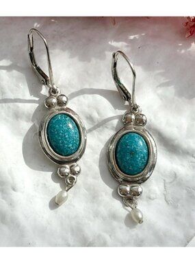 Turquoise Chip in Resin Oval Pearl Southwest Navajo Sterling Silver 925 Earrings